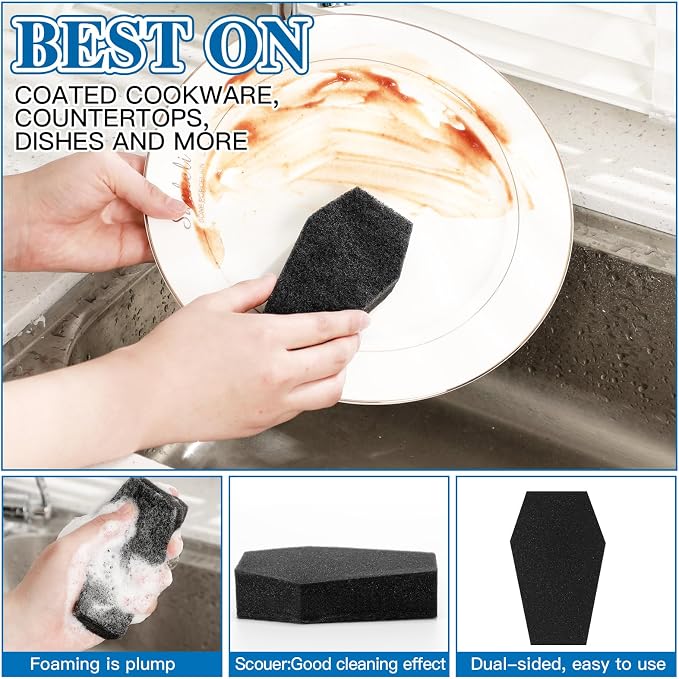 Tioncy 12 Pack Halloween Coffin Kitchen Sponges, Black | Dual Sided Scrubber, Gothic Halloween Decor, Reusable Non Scratch Dishwashing, for Cookware Pot Boiler Pan Household