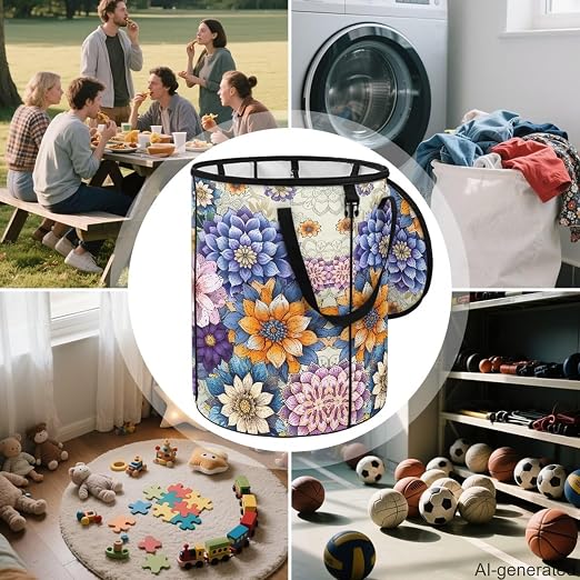 Blooming Flower 24Gal Collapsible Trash Can w/Lid & Sorting Clips Multifunctional Camping Recycling Bin Waterproof Reusable Pop-Up Trash Bag for Outdoor Party Hiking 18x18x23 in
