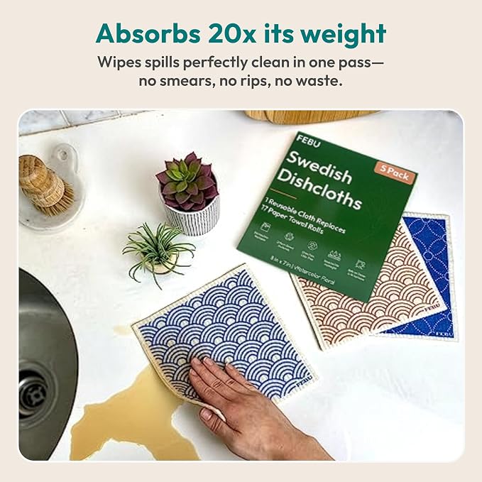 FEBU Swedish Dishcloths for Kitchen, 5 Pack, Stamps | Reusable Paper Towels Washable, Non-Scratch Cellulose Sponge Cloths, No Odor, Biodegradable