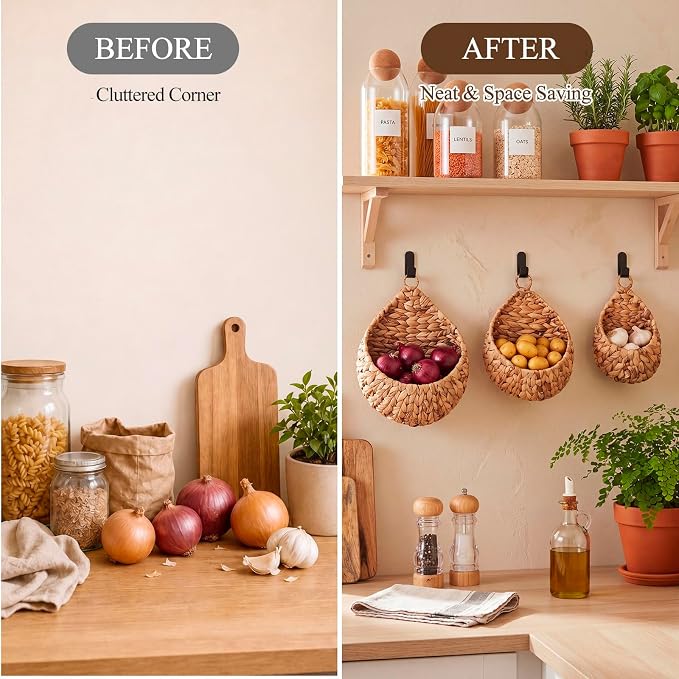 3 Hanging Baskets,Water Hyacinth,Teardrop,Jute | Wicker Wall Baskets with Hooks for Fruit Vegetable Onion Storage, Teardrop Organizer for Kitchen, Boho Farmhouse Decor