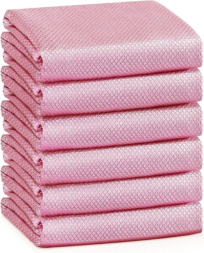 Streak Free Miracle Cleaning Cloths Easy Clean Nanoscale,Fish Scale Microfiber Window Mirror Glass Car Stainless Steel Cleaning,Lint Free Dish cloth Wine Glass Polishing Towel,Reusable,Pack 6,Pink