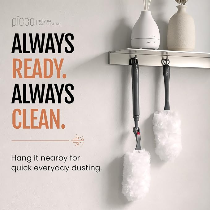 milema Picco 360 Double-Sided Duster, White, 1 Short Handle, 23 Refills | 360° Cleaning, Reaches Narrow Spaces, Disposable Microfiber Refills, Easy Dust Pickup