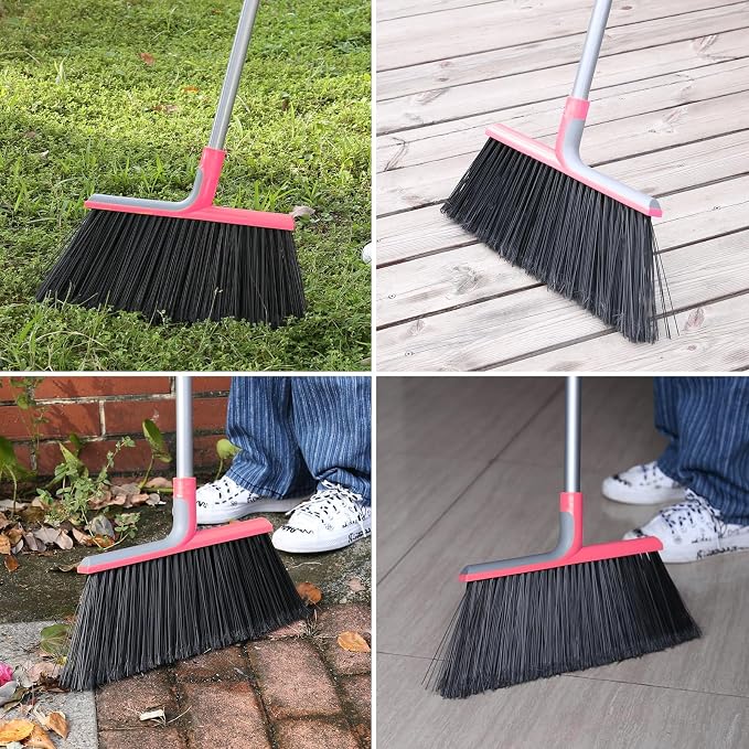 KeFanta Heavy Duty Outdoor Broom with 54.7" Long Handle, Pink | Commercial Brooms for Sweeping Outdoor Concrete Courtyard Garage Patio Indoor Home Floor Kitchen Office Lobby