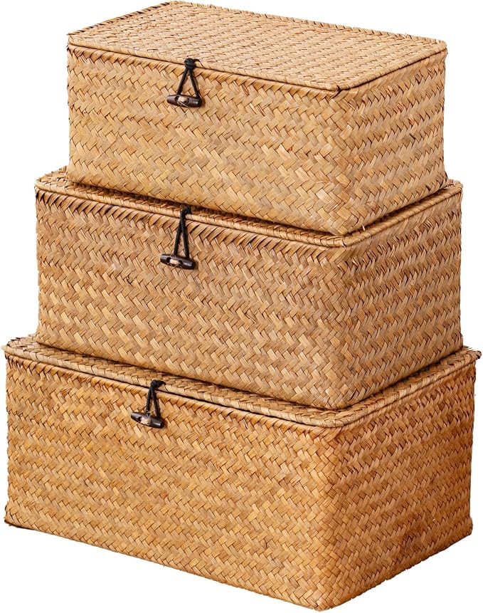 Nonam Wicker Storage Basket with Lid,Seagrass Shelf Basket Set of 3,Nautral | Wicker Basket Container for Organizing, Boho Decorative Basket, Rectangular Household Storage Boxes for Home Organization