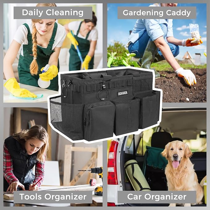 SCAVATA Wearable Cleaning Caddy Bag, Supplies Organizer with Handle & Shoulder Straps for Housekeepers, Under Sink & Car Cleaning Tool Organizer with 4 Foldable Dividers (Black)