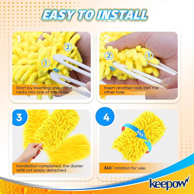 KEEPOW 4Pk Duster Refills Compatible with Swiffer, 360° Microfiber Refill | Reusable Microfiber Dusters in Blue, Yellow, Orange & Green, 360° Heavy Duty Refills Compatible with Swiffer, 4 Pack