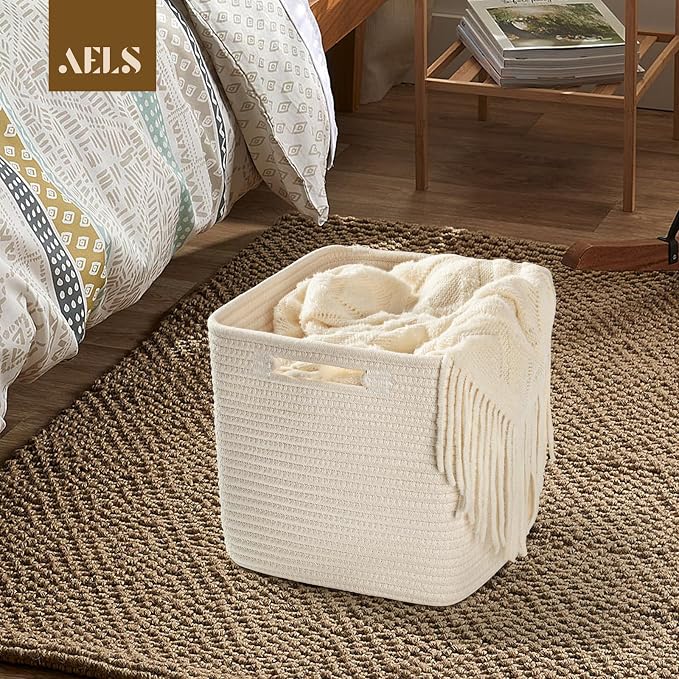 AELS Hand Woven Cotton Basket for Storage, Cube Storage Bins with Handles, Foldable Collapsible Closet Organizers and Storage, Boho Farmhouse Storage Cubes for Shelves, Beige