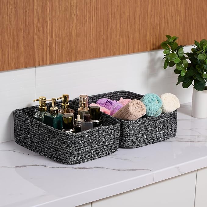 MiniArk Large Shallow Organizing Baskets 15x11x5.1 Inches - Rope Woven Storage Bins for Bathroom, Shelves, Cube Closet, Mixed Black 2 Packs