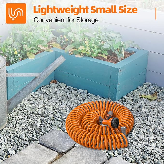 SPECILITE 3/8" Lightweight Coil Garden Hose 50 FT, EVA Flexible Water Hose | Curly Pipe with 6-Pattern Spray Nozzle for Outdoor, Boat, Greenhouse, Yard, Patio, Orange