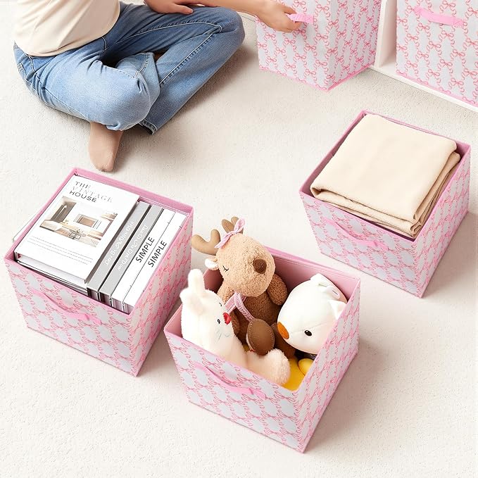 6 Pcs Pink Bow Cube Storage Bins 12.5 Inch Storage Basket with Handle, Cute Girls Organizer Basket, Collapsible Fabric Box for Classroom Bedrooms Office Home Decoration (Bow)