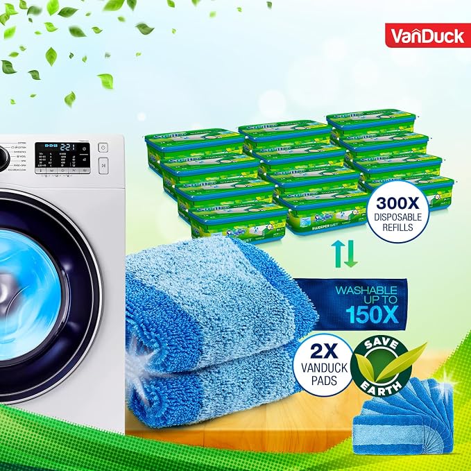 VanDuck Reusable Microfiber Mop Pads for Swiffer Sweeper (4-Pack), Blue | Handle not included, machine washable wet & dry mopping cloths, mop head replacement floor cleaning