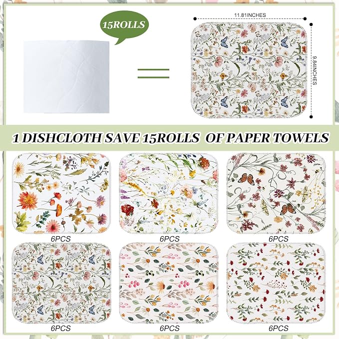 Reusable Kitchen Cloths Cotton Towel, 36 Pack, Vintage Wildflower | Washable 9.84x11.81in, Paperless Towel Rolls Bulk, Cleaning Cloth Napkins for Dishes