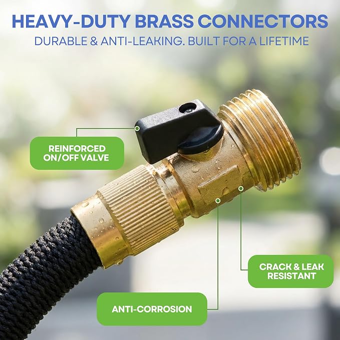 J&B XpandaHose 150ft Expandable Garden Hose, Lightweight, Brass Connectors | Ultra Strong 3750D fabric, 4-layer latex core, expands 3X, kink & leak-resistant, 10-pattern nozzle, storage bag