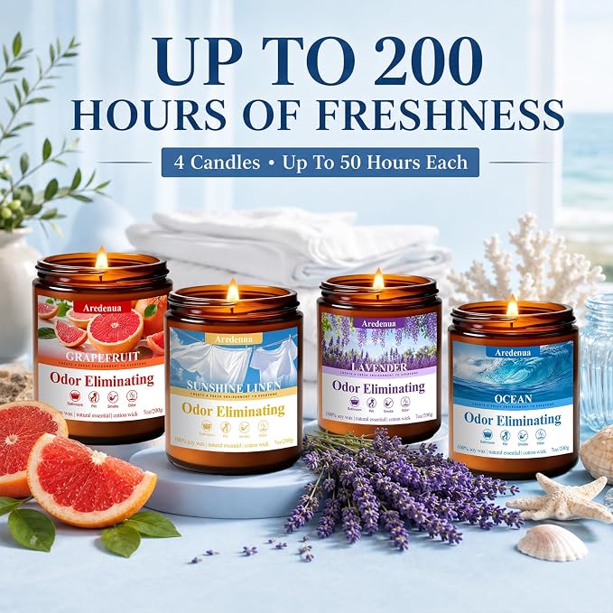 4 Pack Odor Eliminating Highly Fragranced Candle - Eliminates 95% of Pet, Smoke, Food & Other Smells Quickly - Air Freshing Scent of Grapefruit/Linen/Lavender/Ocean - 28oz Soy Candle Gift for Home