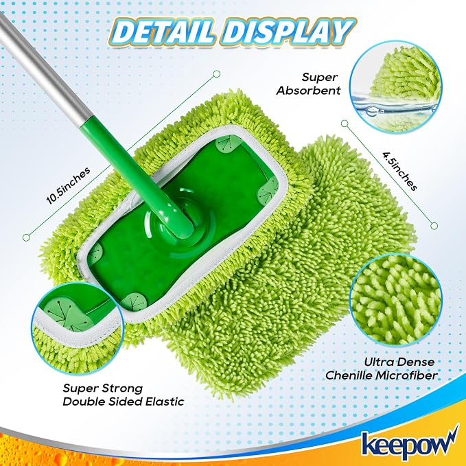 KEEPOW 6 Pack Reusable Microfiber Mop Pads Compatible with Swiffer Sweeper | Chenille, Multi-Color (2 White, 2 Green, 2 Blue) Dry Wet Mopping Refills, Bonus Laundry Bag