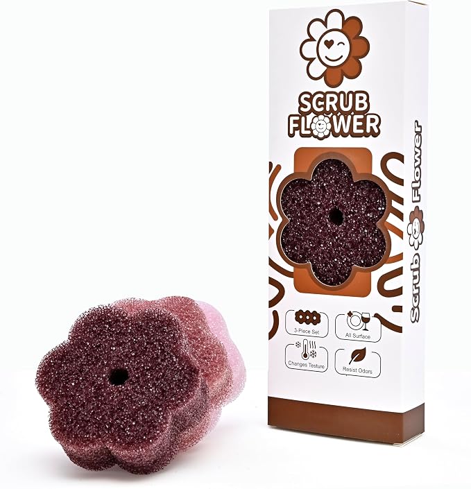 Scrub Flower Temperature Sensitive Sponges, Earth Dahlia, 3 Count | Firm when cold and soft when warm, these odor-resistant scrubbers clean dishes, kitchen surfaces and more.