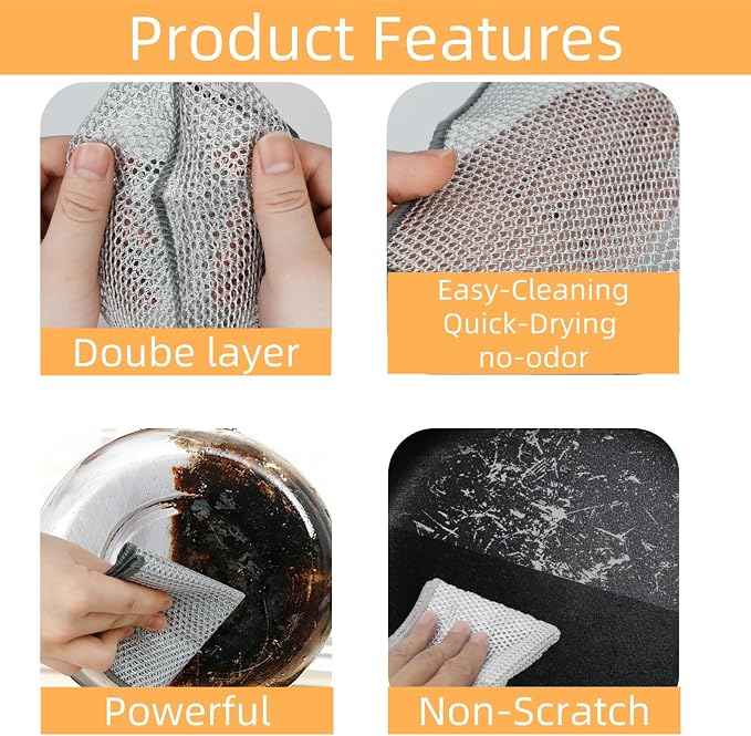 Extra-Large Size 12PCS Multipurpose Wire Dishwashing Rag,Non Scratch Wire Dishcloth, Reusable Steel Wool Scrubber,Non-Scratch&Quick-Drying&Odor-Resistant Multi-Purpose for Kitchen,Bathroom Cleaning