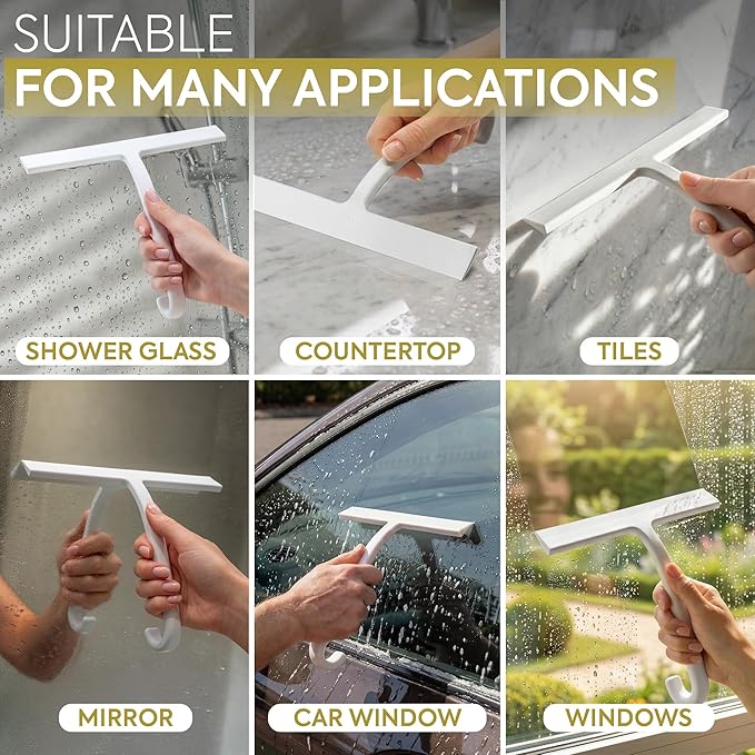 Shower Squeegee for Glass Doors, 10″ White with No-Drill J-Hook | Hang Anywhere Without Adhesive, Seamless One-Piece Silicone, Encased Steel Core, Streak-Free Shower Squeegee for Glass & Tile
