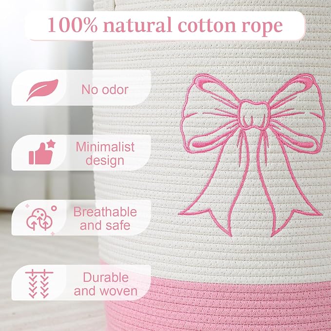 Honeydak 15'' x 18'' Pink Bow Cotton Rope Laundry Basket Hamper Large Laundry Basket Hamper Coquette Bow Room Decor Girls Girly Nursery Storage Bin Tall Round Organizer Blanket Toys Clothes(Bowknot)