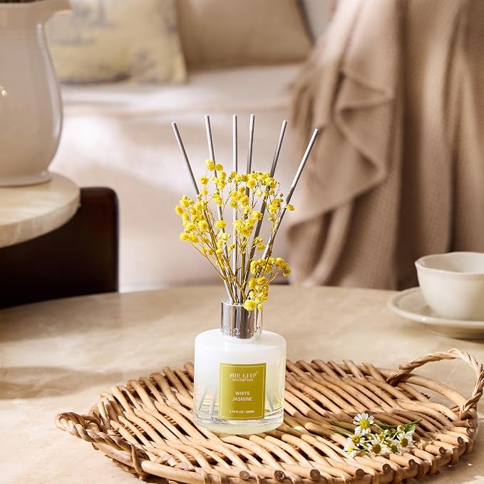 Reed Diffuser Set,6.76 fl oz (200 ml) - White Jasmine Oil Diffusers with 8 Reed Sticks, Home Fragrance Reed Diffuser for Bathroom Shelf Decor