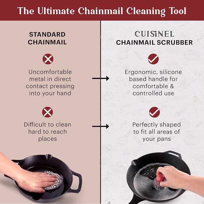 Cuisinel Cast Iron Chainmail Scrubber + Pan Scraper - The Patented Original Ergonomic Stainless & Silicone Pot & Skillet Cleaner - Premium Food-Safe Design - Easy Clean Dishwasher Safe Cookware Sponge
