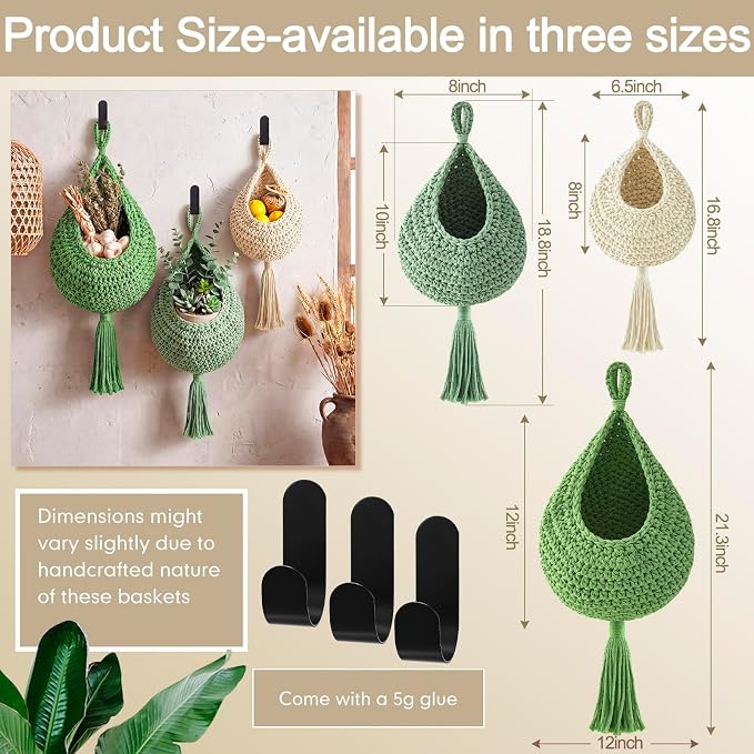 3 Hanging Baskets,Sage Color Palette,Tassel,Cotton Rope | Wicker Wall Baskets with Hooks for Fruit Vegetable Onion Storage, Teardrop Organizer for Kitchen, Boho Farmhouse Decor