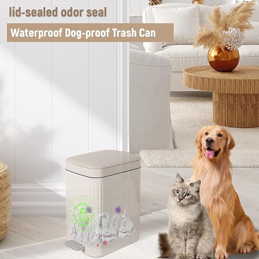 Small Bathroom Trash Can with Lid, 2.6 Gallon Slim Soft Close Step, Cream | Garbage Can with Pedal for Office, Bedroom, Kitchen & Living Room, Narrow Plastic Wastebasket Container for Small Spaces