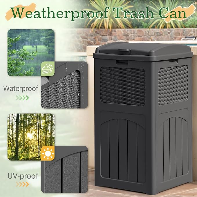 Greesum 33 Gallon Outdoor Trash Can with Lid, Waterproof Design, Gray | Resin Garbage Bin for Hideaway, Deck, Patio