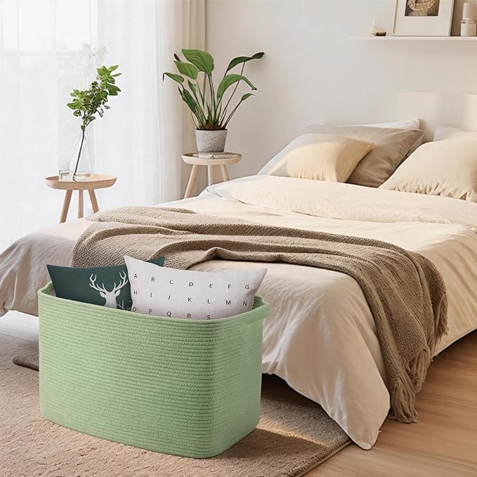 MEGASKET Large Green Baskets for Organizing, 23.6" x 17" x 12" Rectangle Blanket Holder Organizer, Kids Toy Storage Bins, Woven Rope Storage Basket, Green Home Decor Basket, Baby Nursery Storage