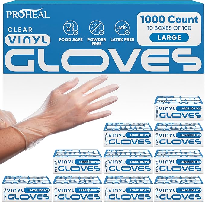 ProHeal Clear Vinyl Disposable Gloves - Food Safe Cooking and Household Cleaning Gloves -Powder and Latex Free Kitchen Glove