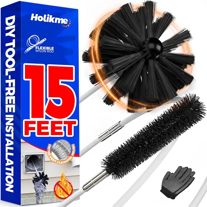 Holikme Dryer Vent Cleaner Kit - 15Ft Flexible Lint Brush for Deep Cleaning | Dryer Vent Cleaner Brush with Drill Attachment, Removes Years of Lint Buildup, Improves Airflow, Faster Drying & Fire Safety