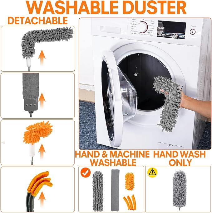 Dusters for Cleaning, 30-100 Inch Long Handle with 4 Duster Types | Washable & Reusable Heads, Detachable Duster Heads Clean High Ceilings, Ceiling Fan, Blinds, Cobwebs & Home Surfaces, Orange
