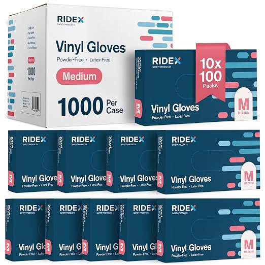 Ridex Disposable Gloves Latex-Free Clear Vinyl Gloves [1000-Count] Thick Powder-Free All-Purpose Gloves, Dispenser Box Gloves 100 Pieces - Size Medium Glove