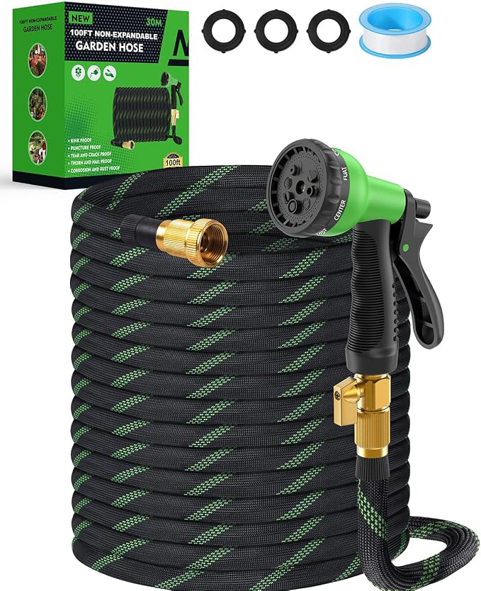 100ft Garden Hose，Non-Expandable Water Hose with 8 Function Spray Nozzle, Burst-Resistant，Kink-Free，Lightweight，Durable & Flexible 3/4" Garden Hose for Gardening, Yard，Lawn, Car Washing