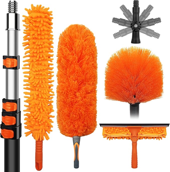 20 Foot High Dusters for Cleaning with 3-12 Foot Heavy Duty Extension Pole | High Reach Duster, Extendable Reusable Cobweb, Feather, Ceiling Fan Cleaner Duster, Window Squeegee Kit