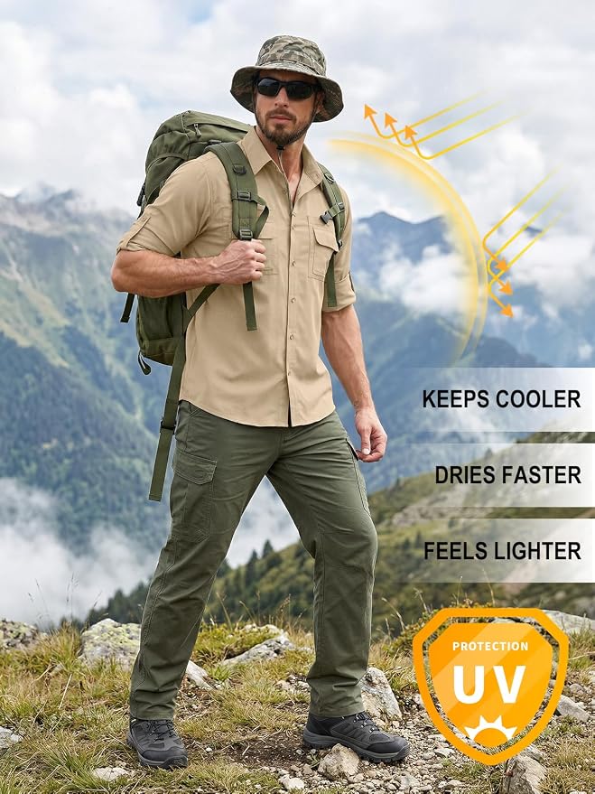 linlon Men's Safari Shirt UV Sun Protection Long Sleeve Hiking Travel | Button Down Mesh Back Vents UPF 50+ Quick Dry Breathable Cool Lightweight Outdoor Travel Fishing Gardening Clothes