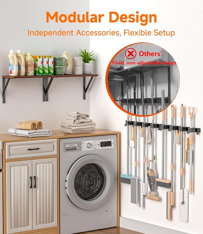 1Pack Broom Holder with Organizer Shelf 4 Broom Slots 5 Removable Hooks | Space-Saving Broom and Mop Organizer Wall Hanging , Laundry Room Shelves for Laundry Room Garage Garden Closet