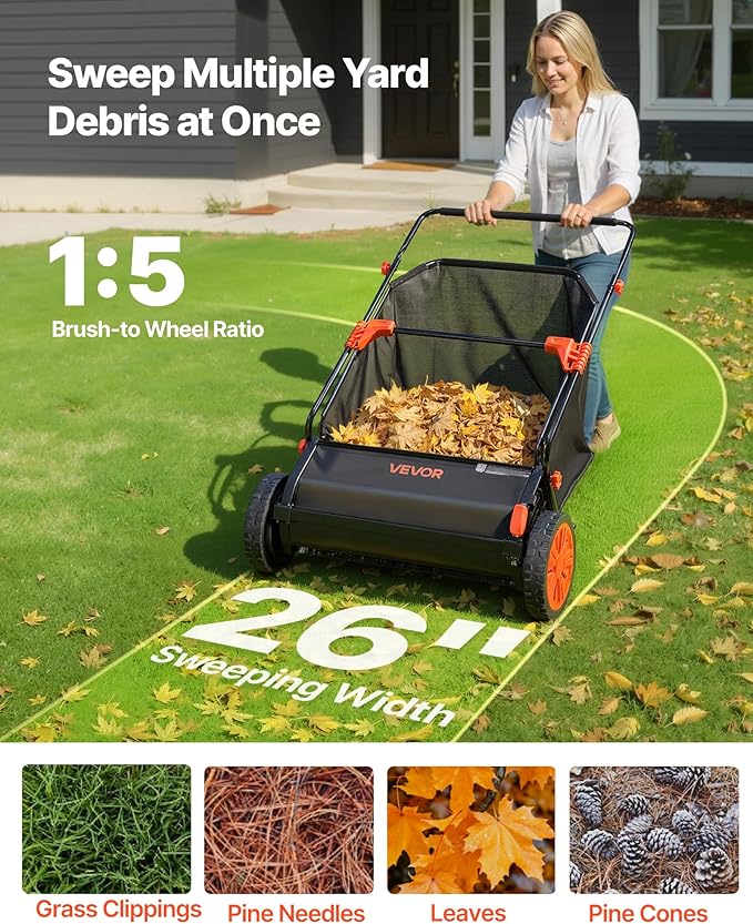VEVOR Push Lawn Sweeper 26 in Leaf & Grass Collector 7 cu. ft. Hopper Bag | 10-Level Height Adjustable V-Shaped Brushes, Heavy Duty Yard Sweeper for Leaves, Grass Clippings & Pine Needles