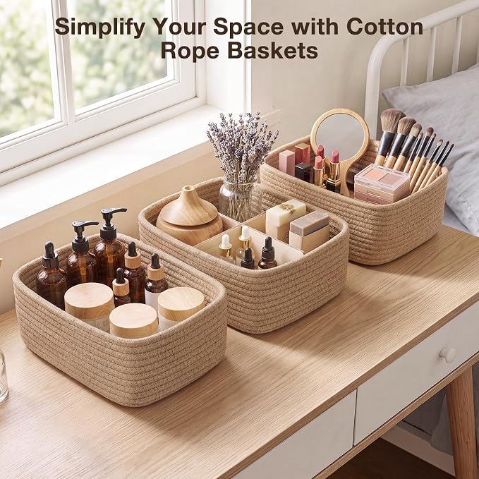 3 Pack Small Baskets for Organizing, Woven Storage Baskets for Shelves | 11.8x7.8x3.8 in Cotton Rope Baskets, Toy Baskets Storage Kids, Basket Organizer, for Living Room, Bedroom, Nursery, Mix Brown