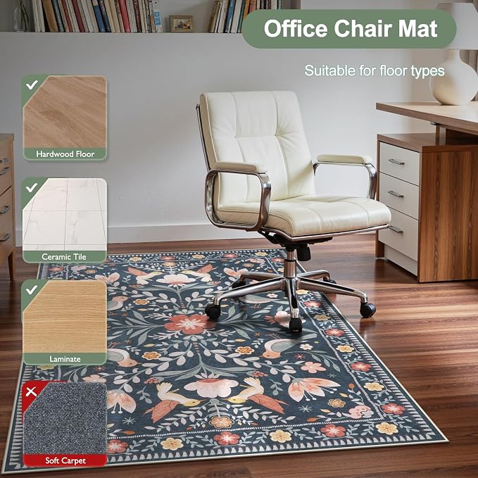 Anidaroel 36"x48" Office Chair Mat for Hardwood Floor, Black Floral Computer Chair Mat, Anti-Slip Vintage Under Desk Rug for Office, Low Pile Bird Bug Office Rugs for Rolling Chairs