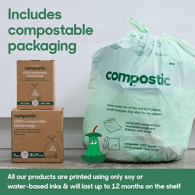 Compostic Compostable Trash Bags, 13 Gallon Tall Kitchen (100 Count) Bulk Pack — Extra Strong, Home Compostable, Plant-Based, Non-Toxic, Unscented Garbage Bags (Pack of 2)