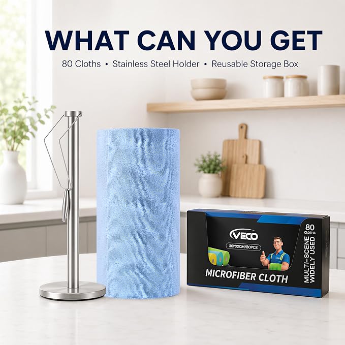 Veco Microfiber Cleaning Cloth Roll with Holder 80 PCS, 12" x 12" Blue | Tear Away Reusable Towels, Lint-Free & Streak-Free Cleaning Cloths, Paper Towel Alternative for Kitchen, Home & Car
