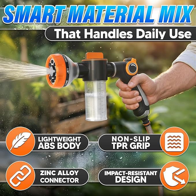 Car Wash Sprayer and Nozzle with Soap Dispenser, 3.5 oz Foam Tank (Orange) | Hose Attachment for Car, Truck, and Dog Washing, Foam Control Dial, 8 Spray Patterns, Fits 3/4 In Hose, ABS Body, 2 O-Rings