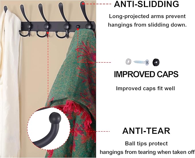 Dseap Coat Rack Wall Mounted - 5 Tri Hooks, Heavy Duty, Stainless Steel, Metal Coat Hook Rail for Coat Hat Towel Purse Robes Mudroom Bathroom Entryway (Black, 4 Packs)