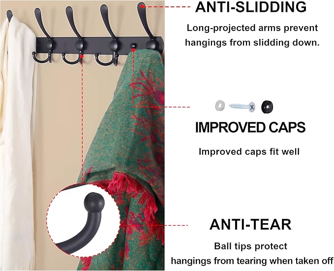Dseap Coat Rack Wall Mounted - 5 Tri Hooks, Heavy Duty, Stainless Steel, Metal Coat Hook Rail for Coat Hat Towel Purse Robes Mudroom Bathroom Entryway (Blue, Pack of 2)