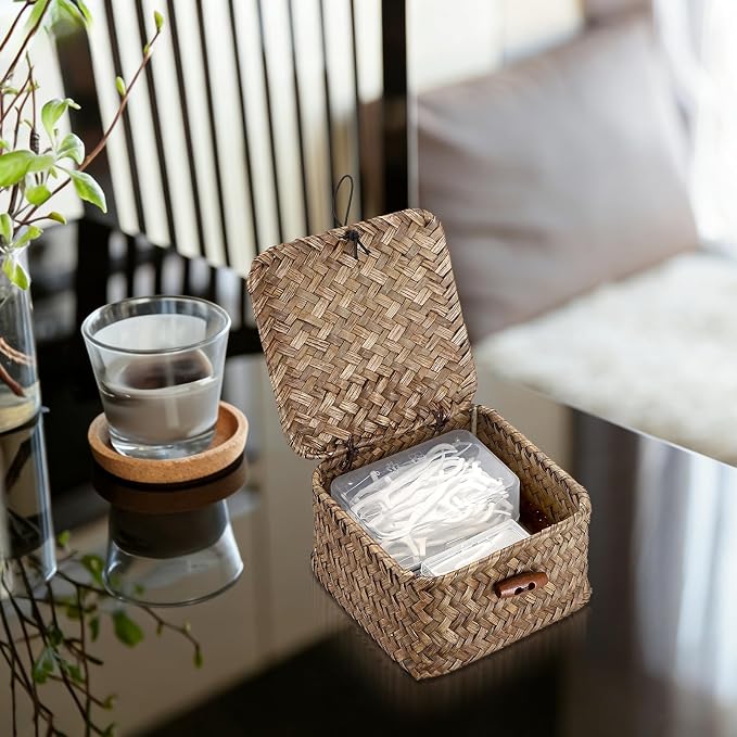 Hipiwe Handwoven Seagrass Basket Bin Small Decorative Shelf Basket Boxes with Lid Wicker Storage Baskets Bins Multipurpose Table Organizer for Key Home Decor, 4.7"L x 4.7"W x 3"H
