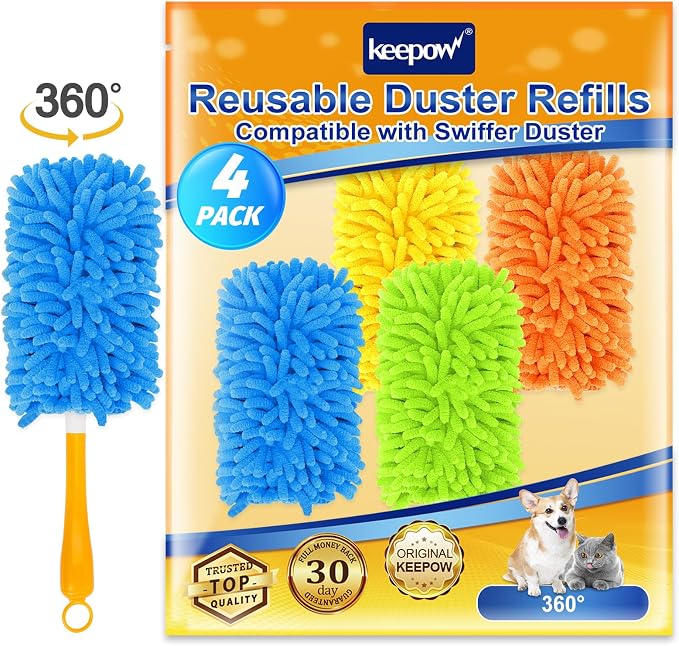 KEEPOW 4Pk Duster Refills Compatible with Swiffer, 360° Microfiber Refill | Reusable Microfiber Dusters in Blue, Yellow, Orange & Green, 360° Heavy Duty Refills Compatible with Swiffer, 4 Pack