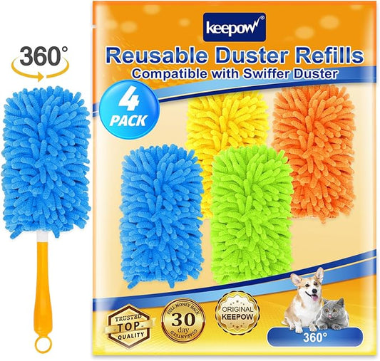 KEEPOW 4Pk Duster Refills Compatible with Swiffer, 360° Microfiber Refill | Reusable Microfiber Dusters in Blue, Yellow, Orange & Green, 360° Heavy Duty Refills Compatible with Swiffer, 4 Pack