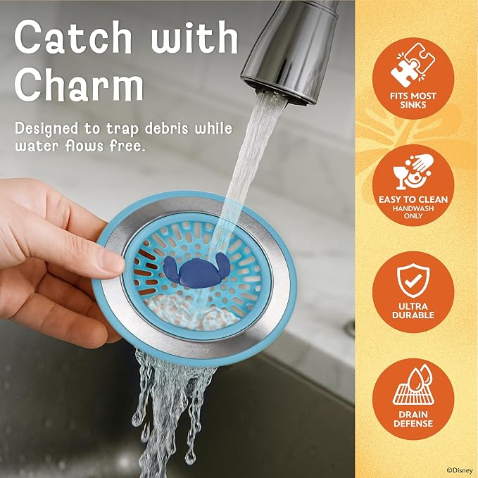 Disney Stitch Sink Drain Strainer, Dish Sponge & Silicone Sink Tray Set | 3-piece set with a strainer to prevent clogs, a tray to keep things organized, and a scrubber for dishes and counters