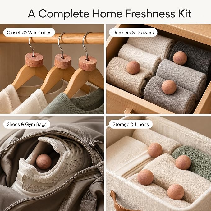 Cedar Blocks for Clothes Storage | Cedar Balls & Rings | Dresser Drawer Freshener Odor Eliminator | 40 Pieces, 30 Rings & Bonus 10 Balls, U.S.A Seller